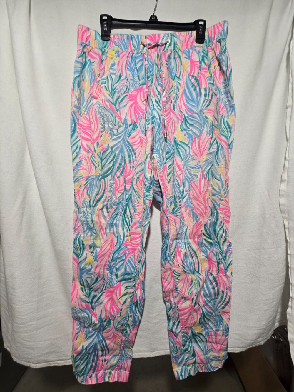 Lilly Pulitzer 100% Linen Printed Drawstring Pants Women's Size L Tropical Beach